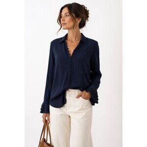 Soft Surroundings Poet Blouse Navy Covered Button Shirt Ruffle Cuff Women’s L